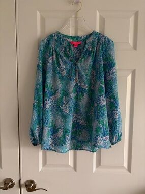 Lilly Pulitzer Blue and Green Printed Peasant Blouse
